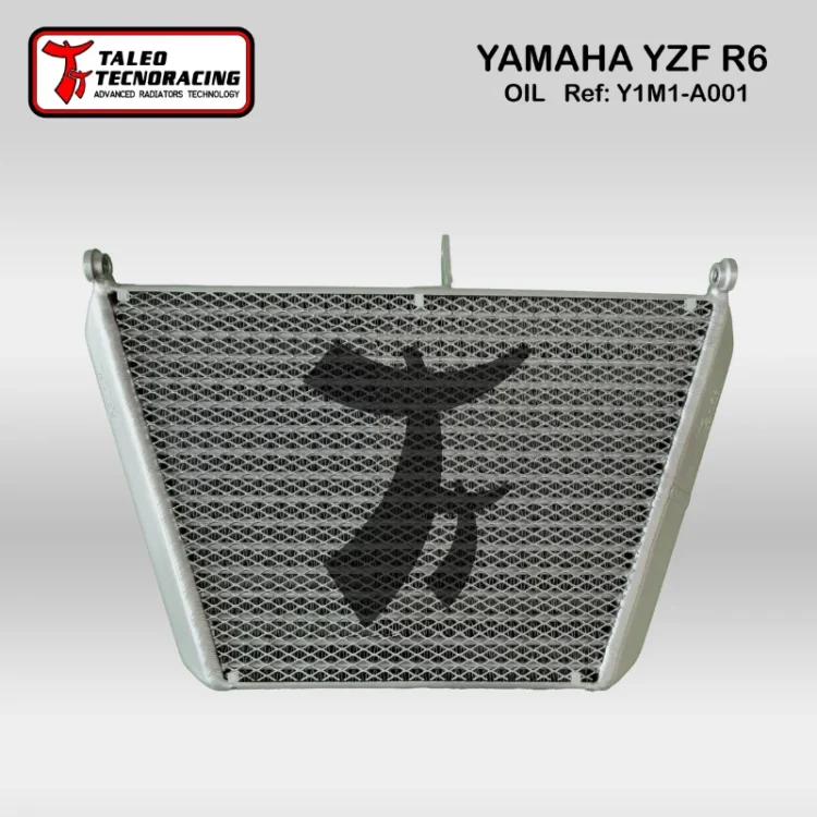 Radiador de aceite para Yamaha YZF R6 con diseño de malla y logo de Taleo Tecnoracing.